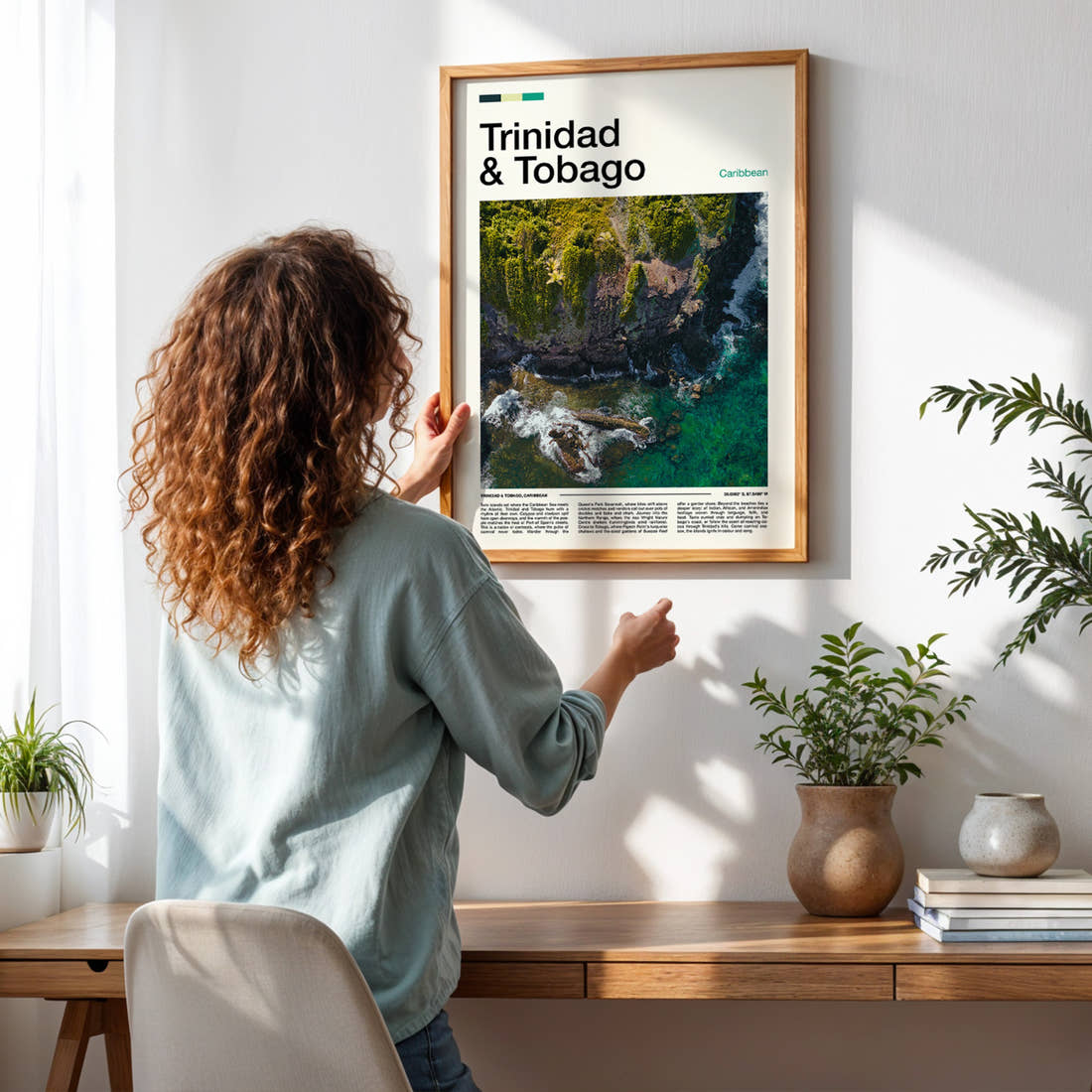 Trinidad & Tobago Rainforest Coastline Aerial Travel Print framed on a pale wall beside houseplants