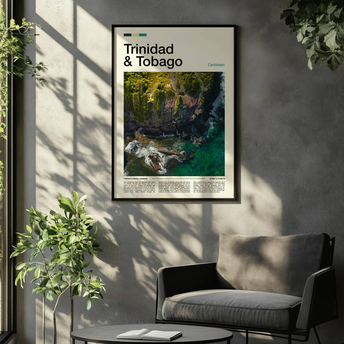 Trinidad & Tobago Rainforest Coastline Aerial Travel Print framed on the wall of a relaxed living room