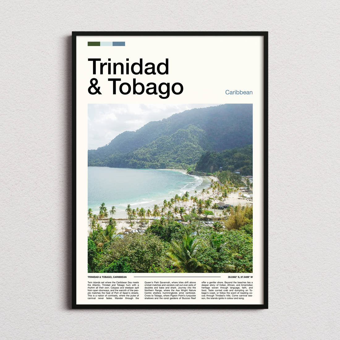 Trinidad & Tobago Coastal Bay Overlook Travel Print framed and photographed straight on