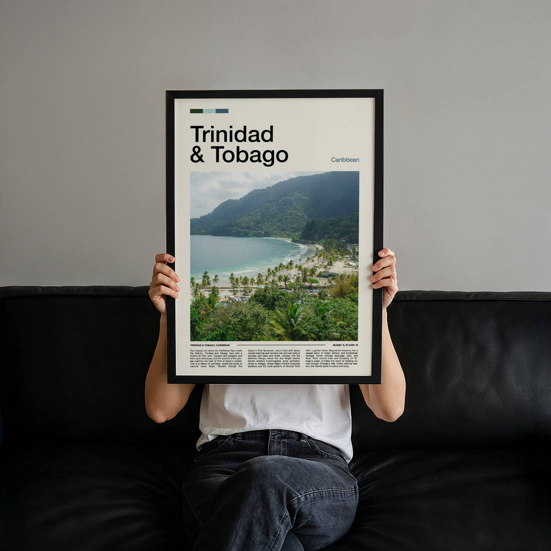 Trinidad & Tobago Coastal Bay Overlook Travel Print held up by hand to show the size of the print