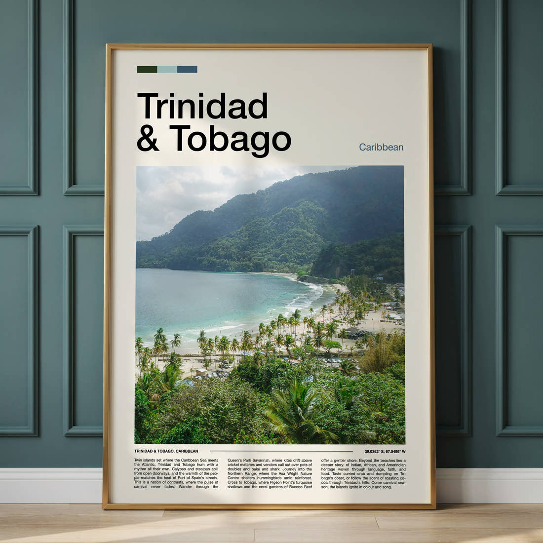 Trinidad & Tobago Coastal Bay Overlook Travel Print framed on the wall of a calm, neutral bedroom