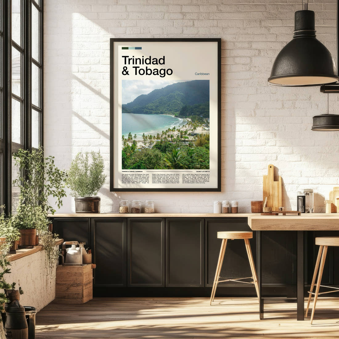 Trinidad & Tobago Coastal Bay Overlook Travel Print framed on the wall of a bright kitchen and dining space