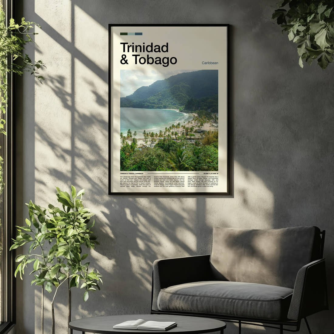 Trinidad & Tobago Coastal Bay Overlook Travel Print framed on the wall of a relaxed living room