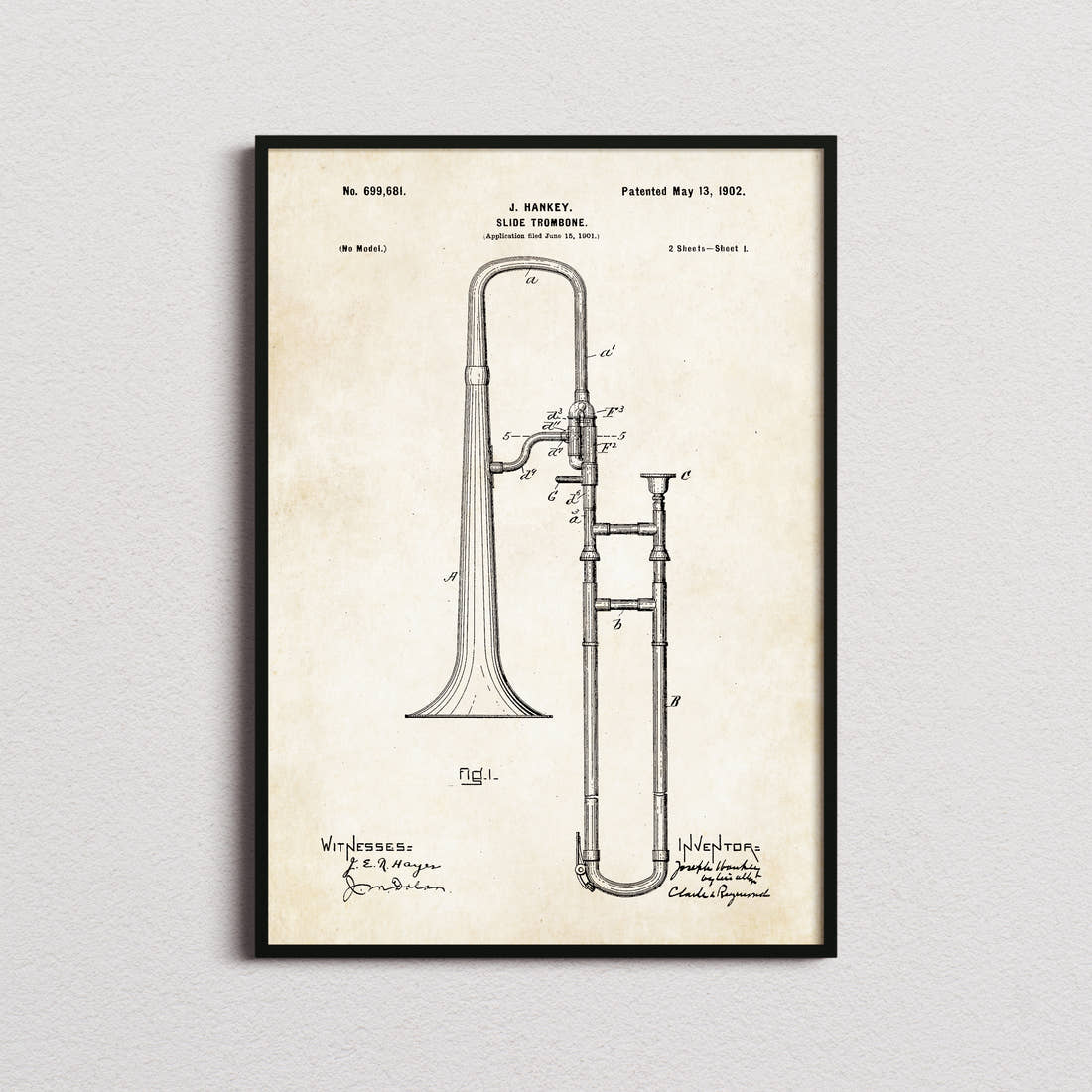 Trombone Patent Print in the aged paper colourway, framed