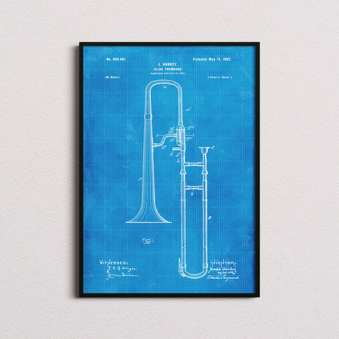 Trombone Patent Print in the blueprint colourway, framed