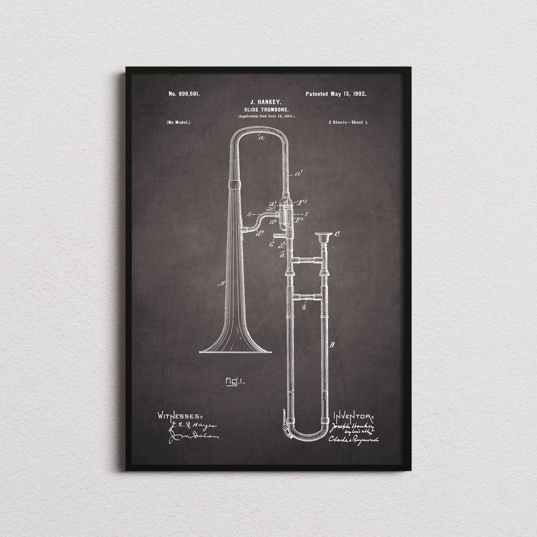 Trombone Patent Print in the blackboard colourway, framed