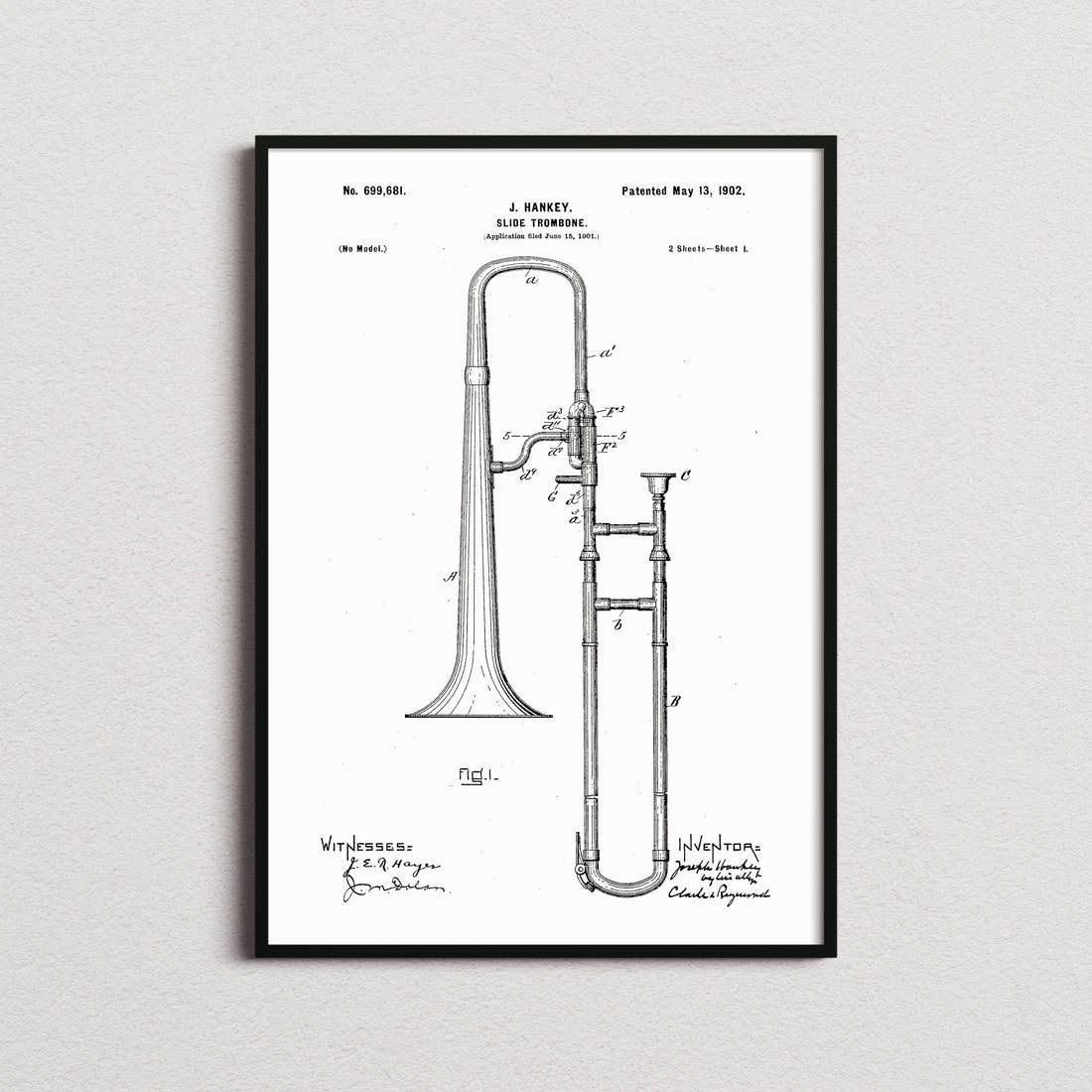 Trombone Patent Print in the white colourway, framed