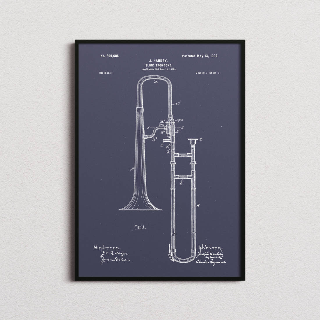 Trombone Patent Print in the navy colourway, framed