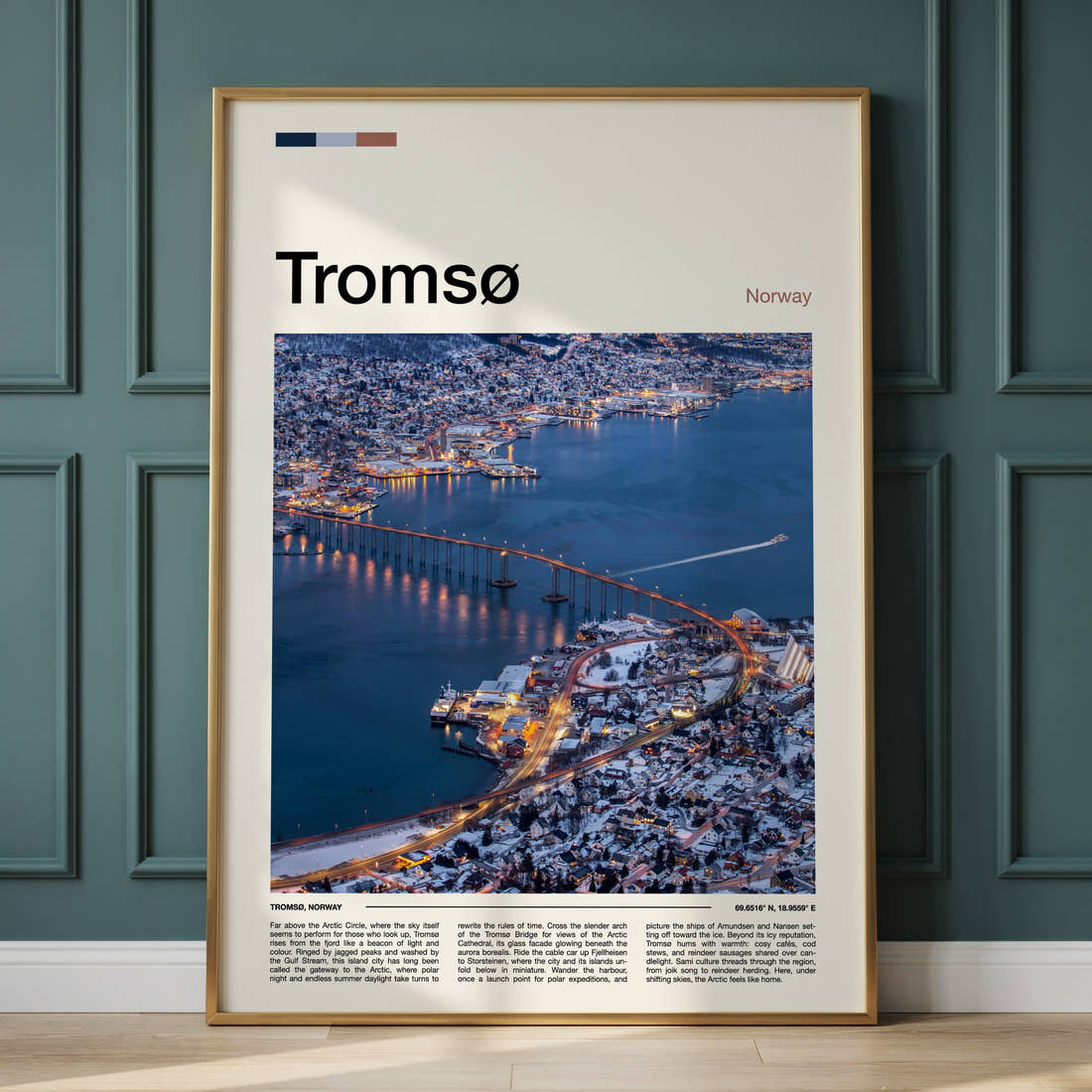 Tromsø Bridge At Dusk Travel Print framed on the wall of a calm, neutral bedroom