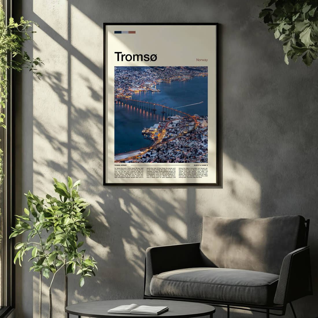 Tromsø Bridge At Dusk Travel Print framed on the wall of a relaxed living room