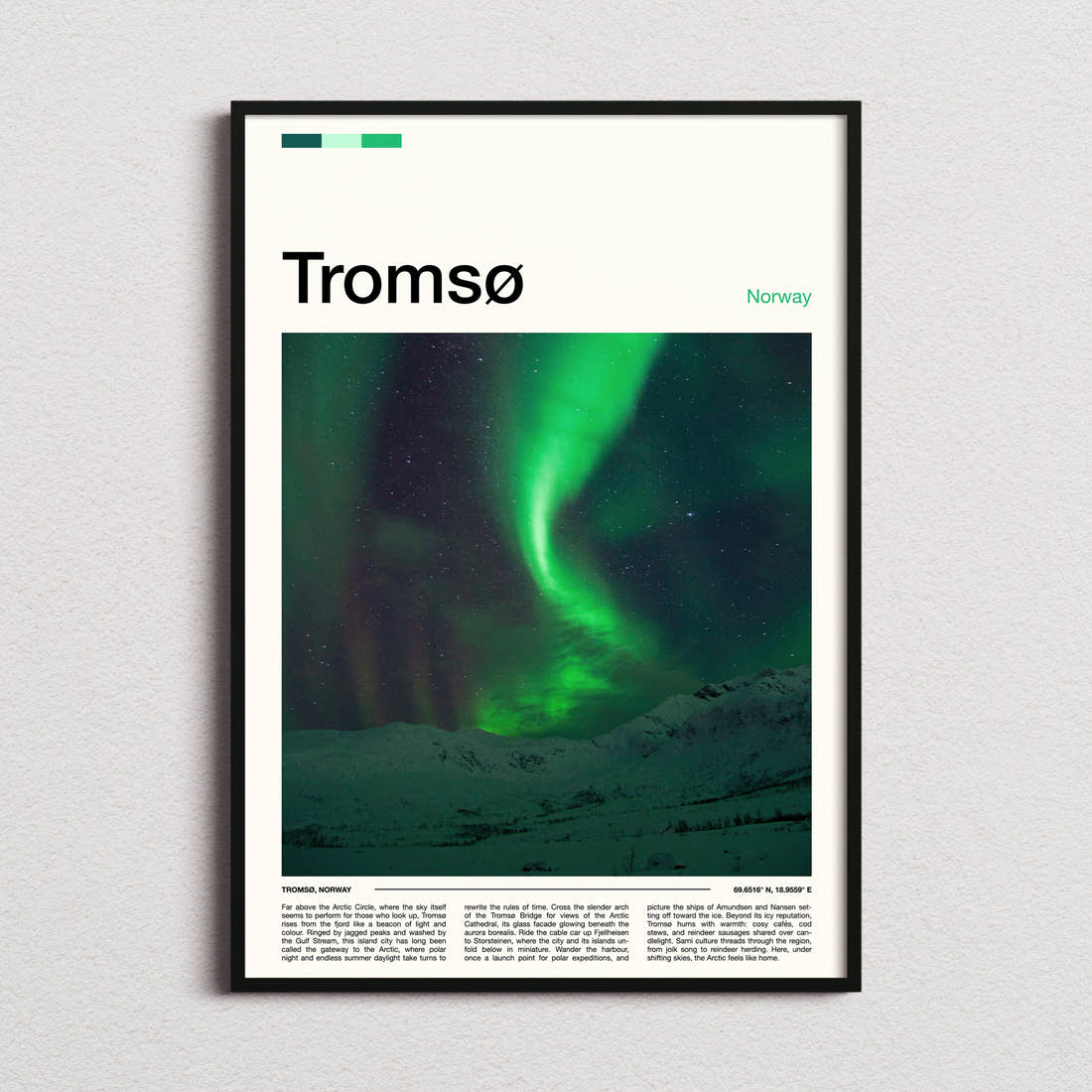 Tromsø Aurora Over Mountains Travel Print framed and photographed straight on