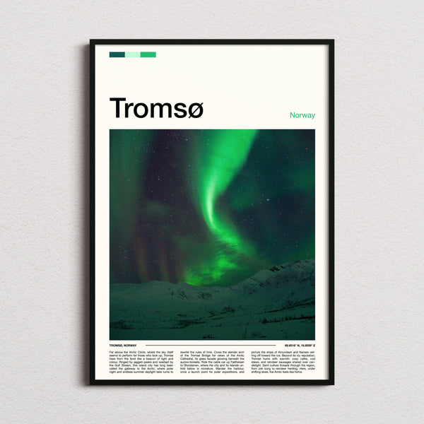 Tromsø Aurora Over Mountains Travel Print framed and photographed straight on