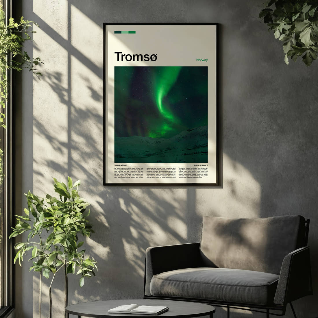 Tromsø Aurora Over Mountains Travel Print framed on the wall of a relaxed living room