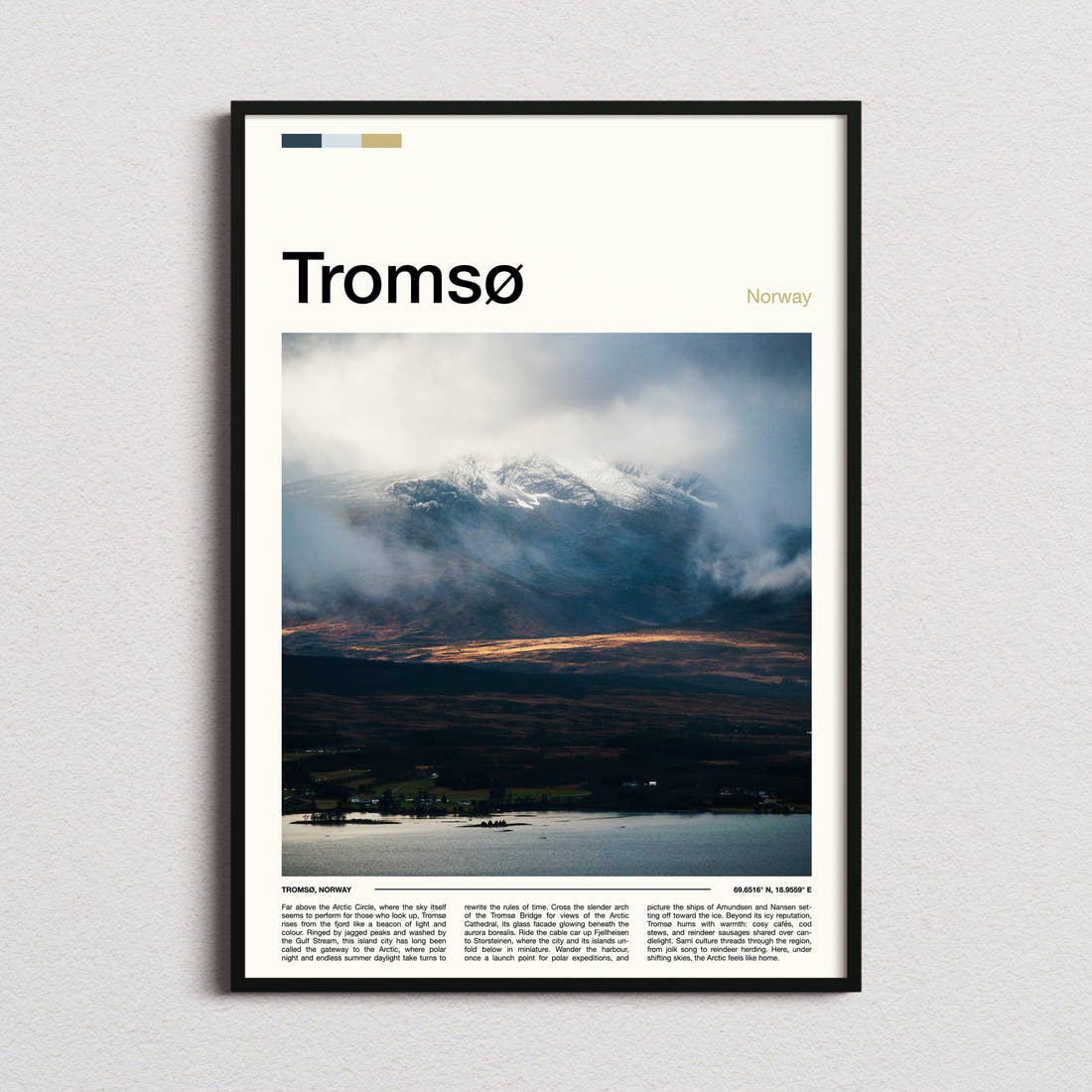 Tromsø Cloud-Wrapped Peak Travel Print framed and photographed straight on