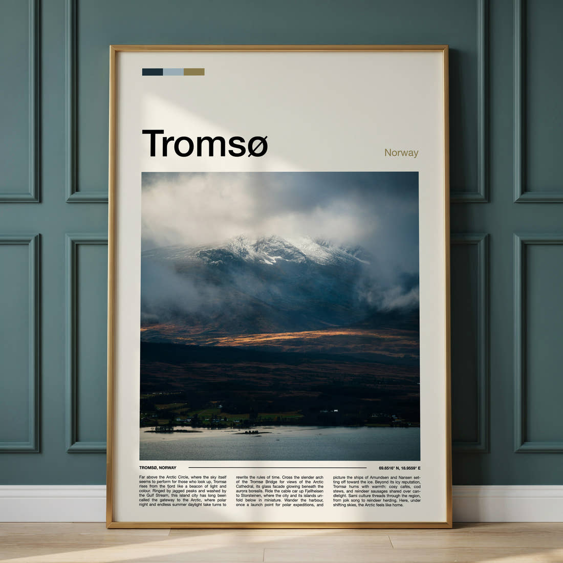Tromsø Cloud-Wrapped Peak Travel Print framed on the wall of a calm, neutral bedroom