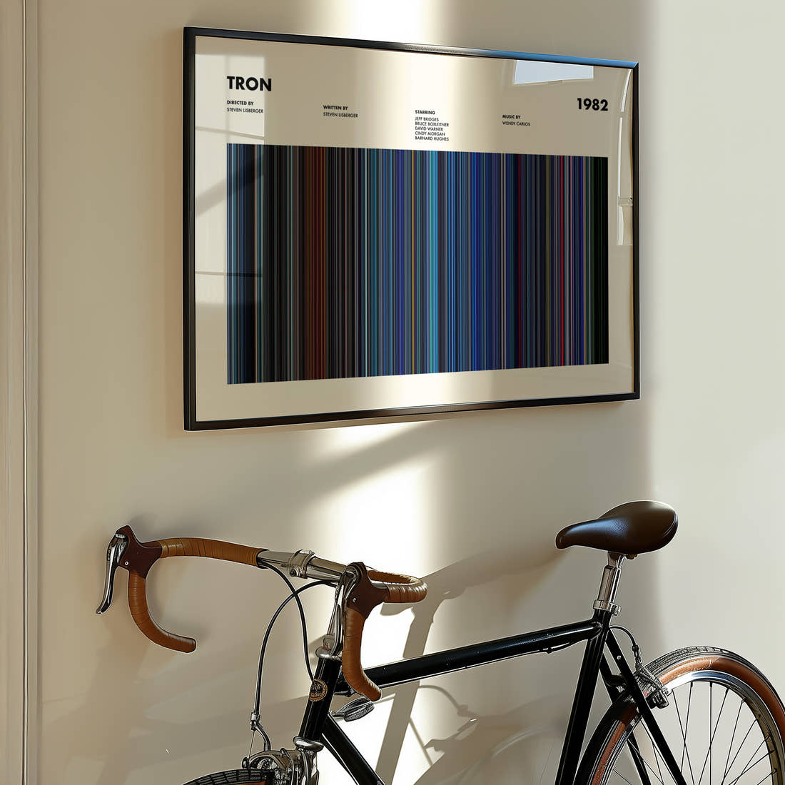 Tron Movie Barcode Poster framed on the wall of a styled room setting