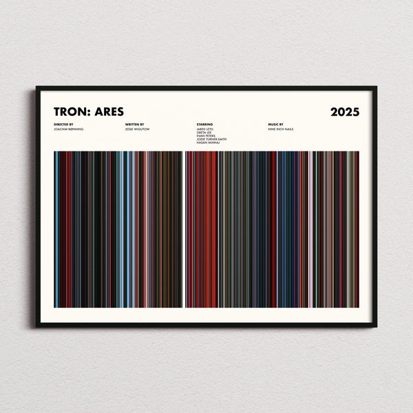 Tron: Ares Movie Barcode Poster framed and photographed straight on