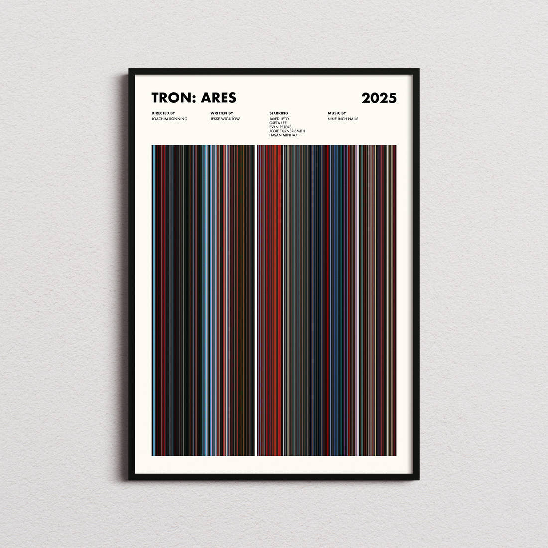 Tron: Ares Movie Barcode Poster framed on a plain studio wall