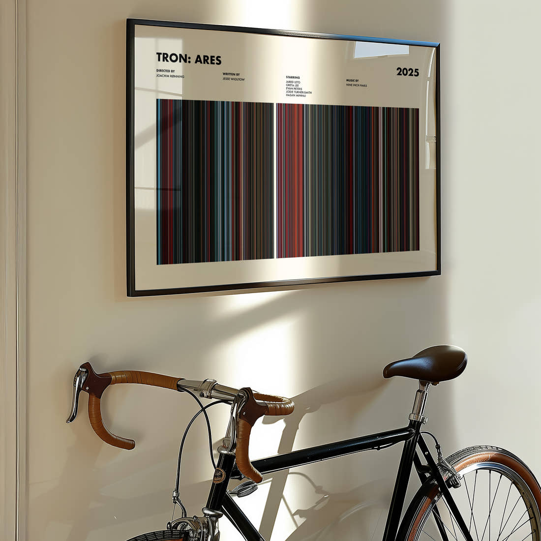 Tron: Ares Movie Barcode Poster framed on the wall of a styled room setting
