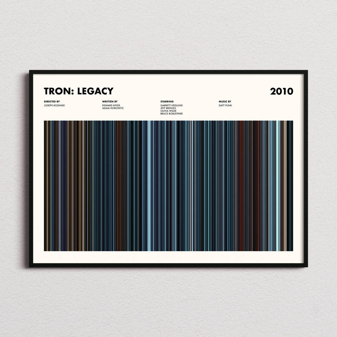 Tron: Legacy Movie Barcode Poster framed and photographed straight on