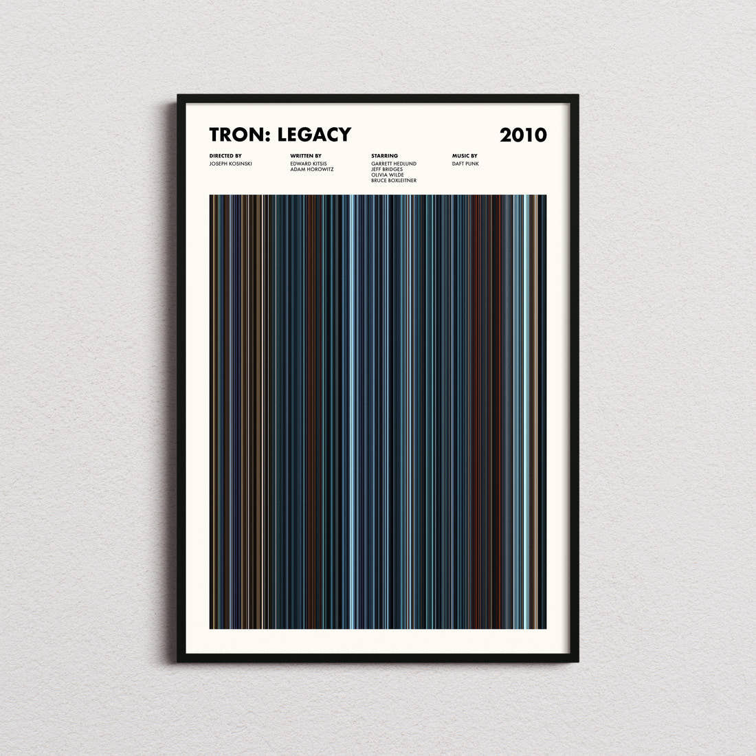 Tron: Legacy Movie Barcode Poster framed on a plain studio wall