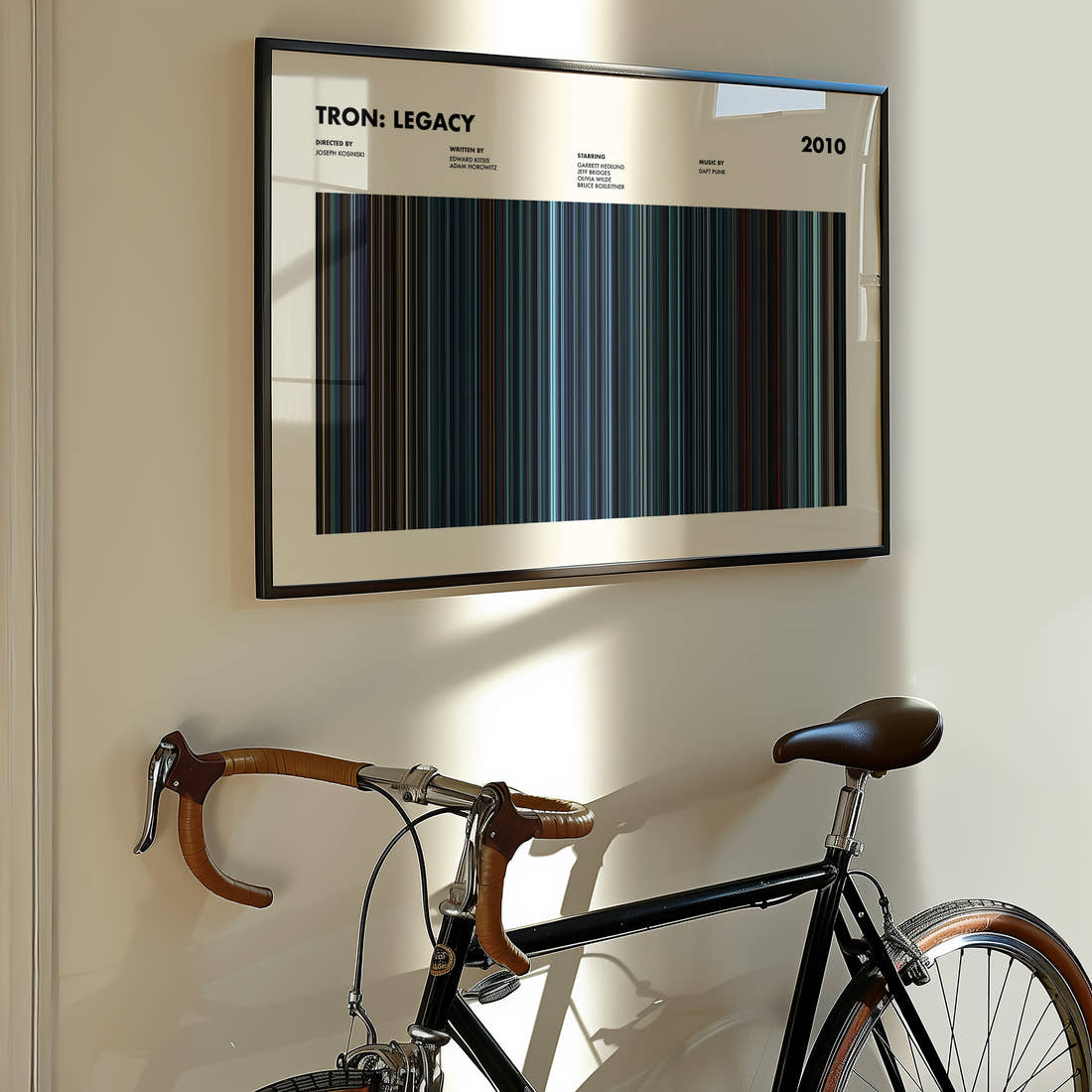 Tron: Legacy Movie Barcode Poster framed on the wall of a styled room setting