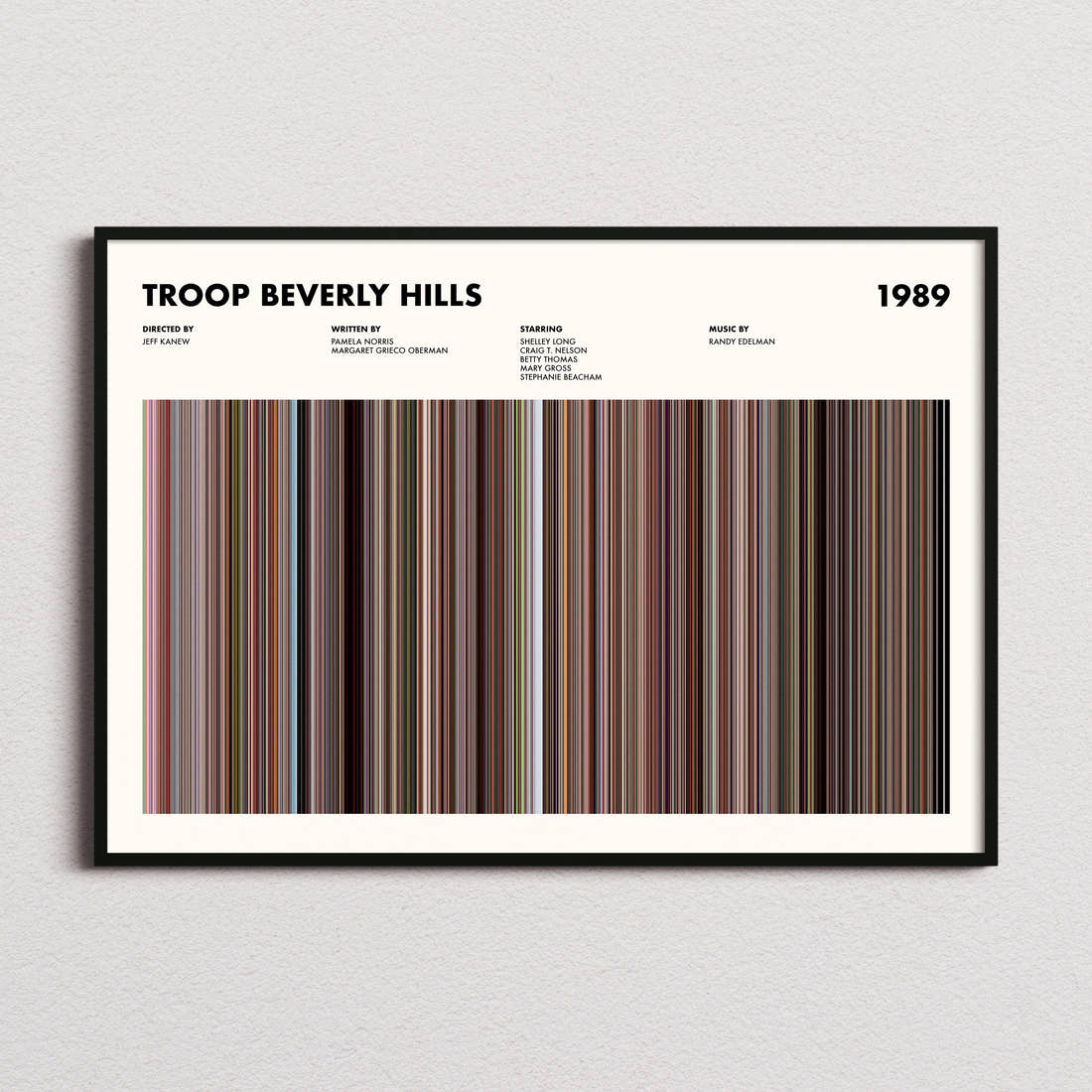 Troop Beverly Hills Movie Barcode Poster framed and photographed straight on