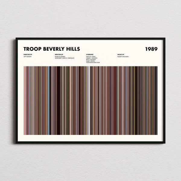 Troop Beverly Hills Movie Barcode Poster framed and photographed straight on
