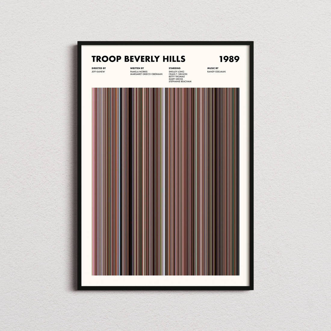 Troop Beverly Hills Movie Barcode Poster framed on a plain studio wall
