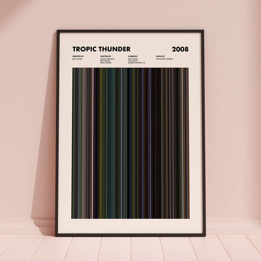 Tropic Thunder Movie Barcode Poster framed and leaning against a coloured wall