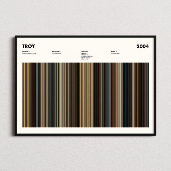 Troy Movie Barcode Poster framed and photographed straight on
