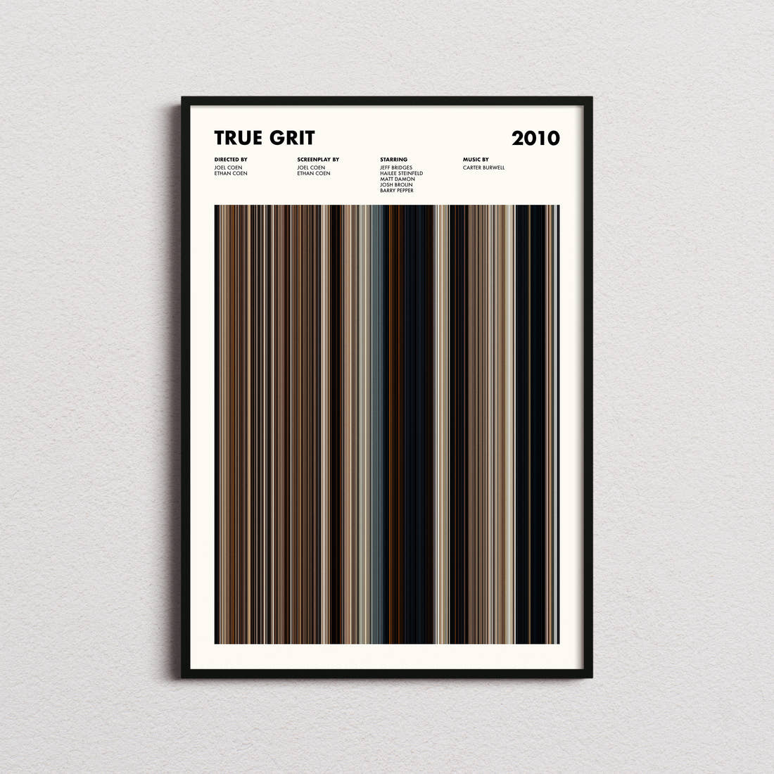 True Grit Movie Barcode Poster framed on a plain studio wall