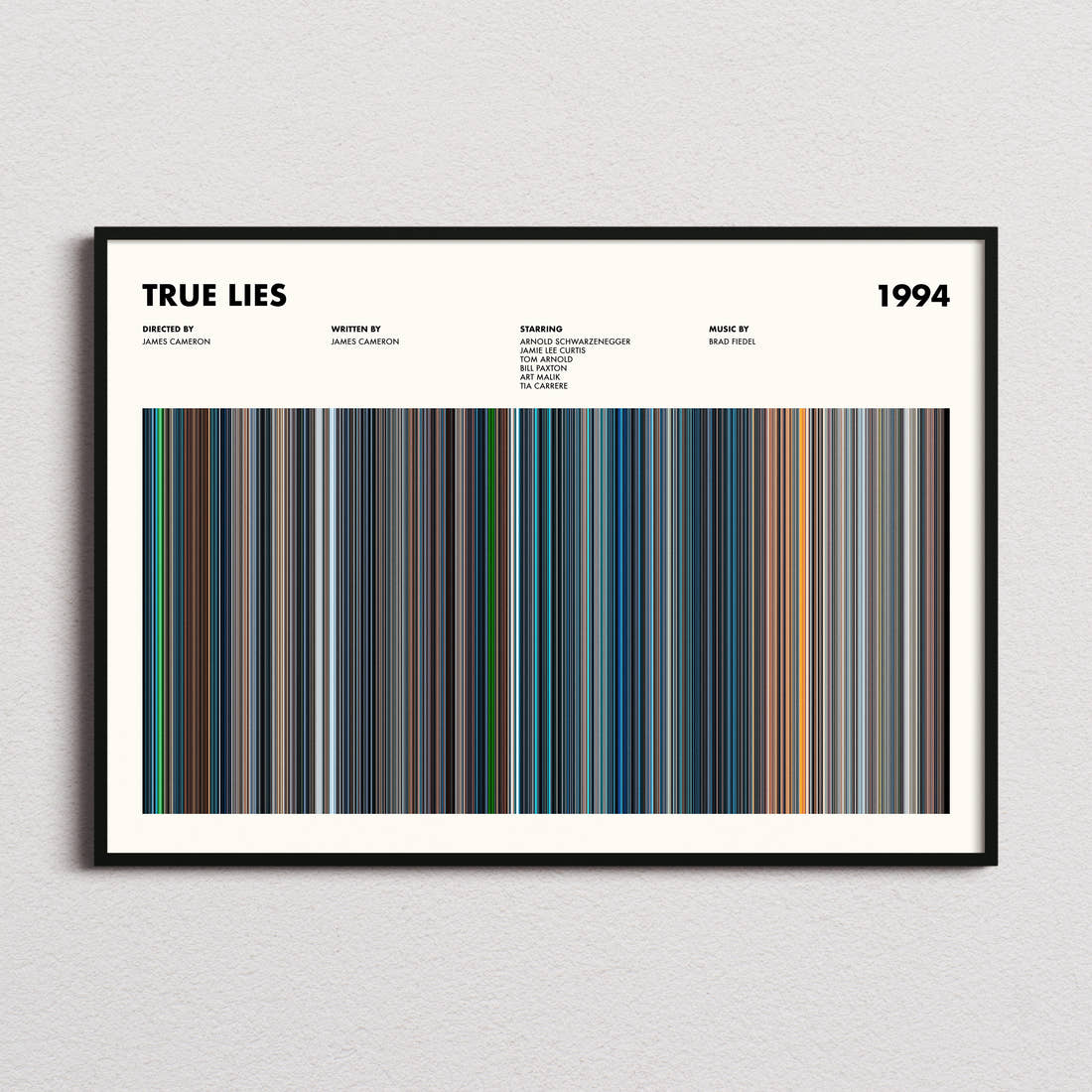 True Lies Movie Barcode Poster framed and photographed straight on