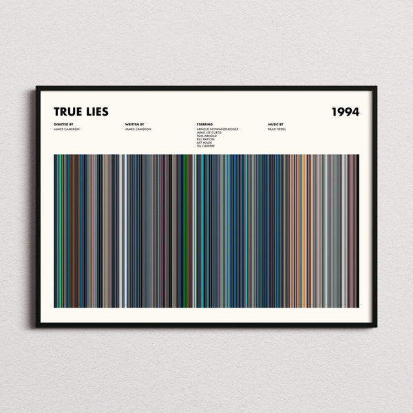 True Lies Movie Barcode Poster framed and photographed straight on