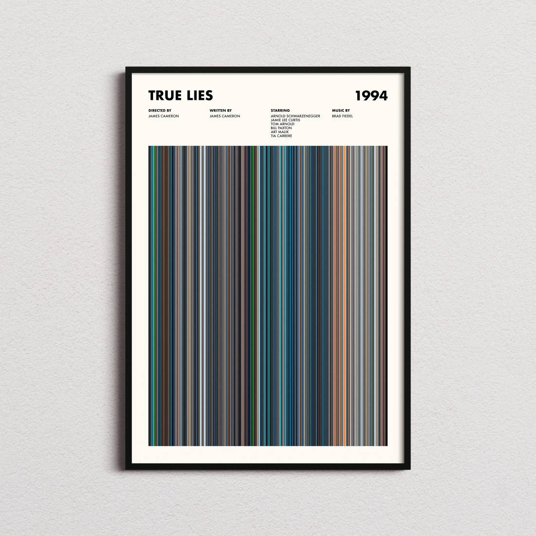 True Lies Movie Barcode Poster framed on a plain studio wall