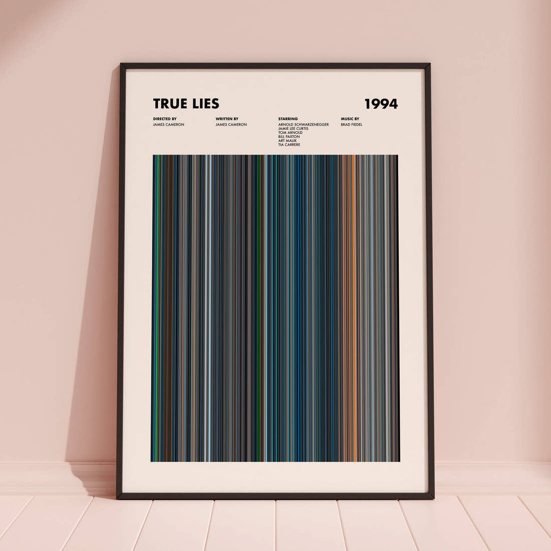 True Lies Movie Barcode Poster framed and leaning against a coloured wall