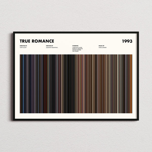 True Romance Movie Barcode Poster framed and photographed straight on