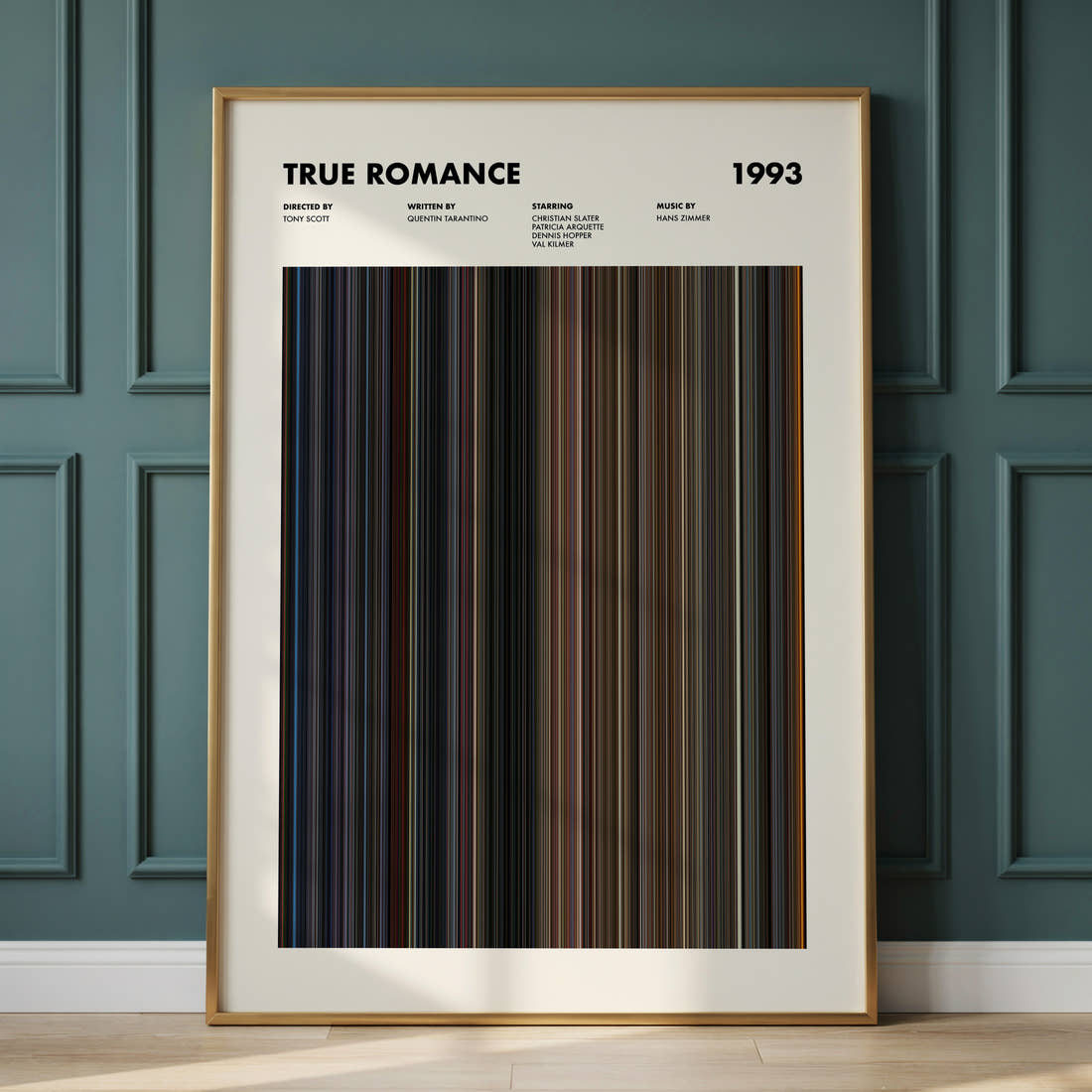 True Romance Movie Barcode Poster framed and leaning against a panelled wall