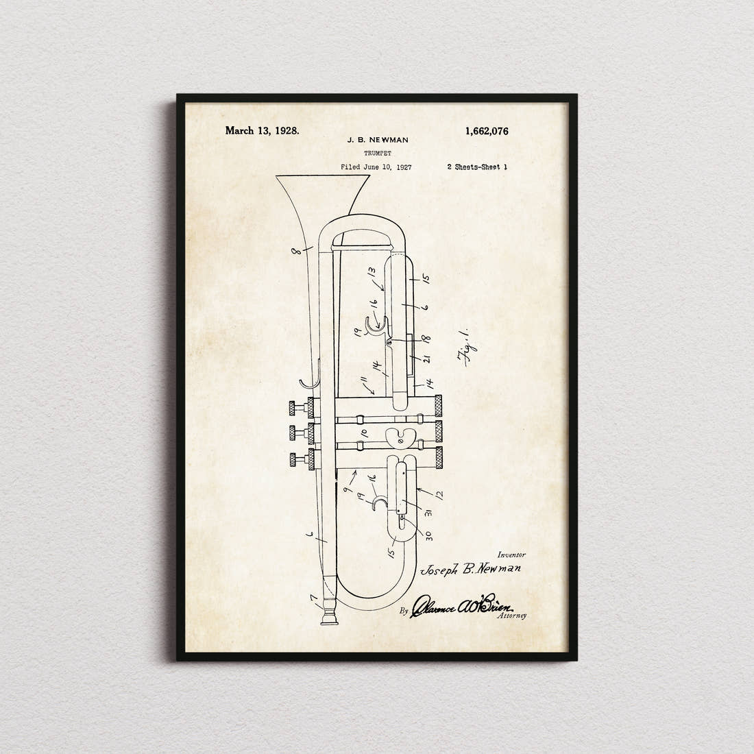 Trumpet Patent Print in the aged paper colourway, framed