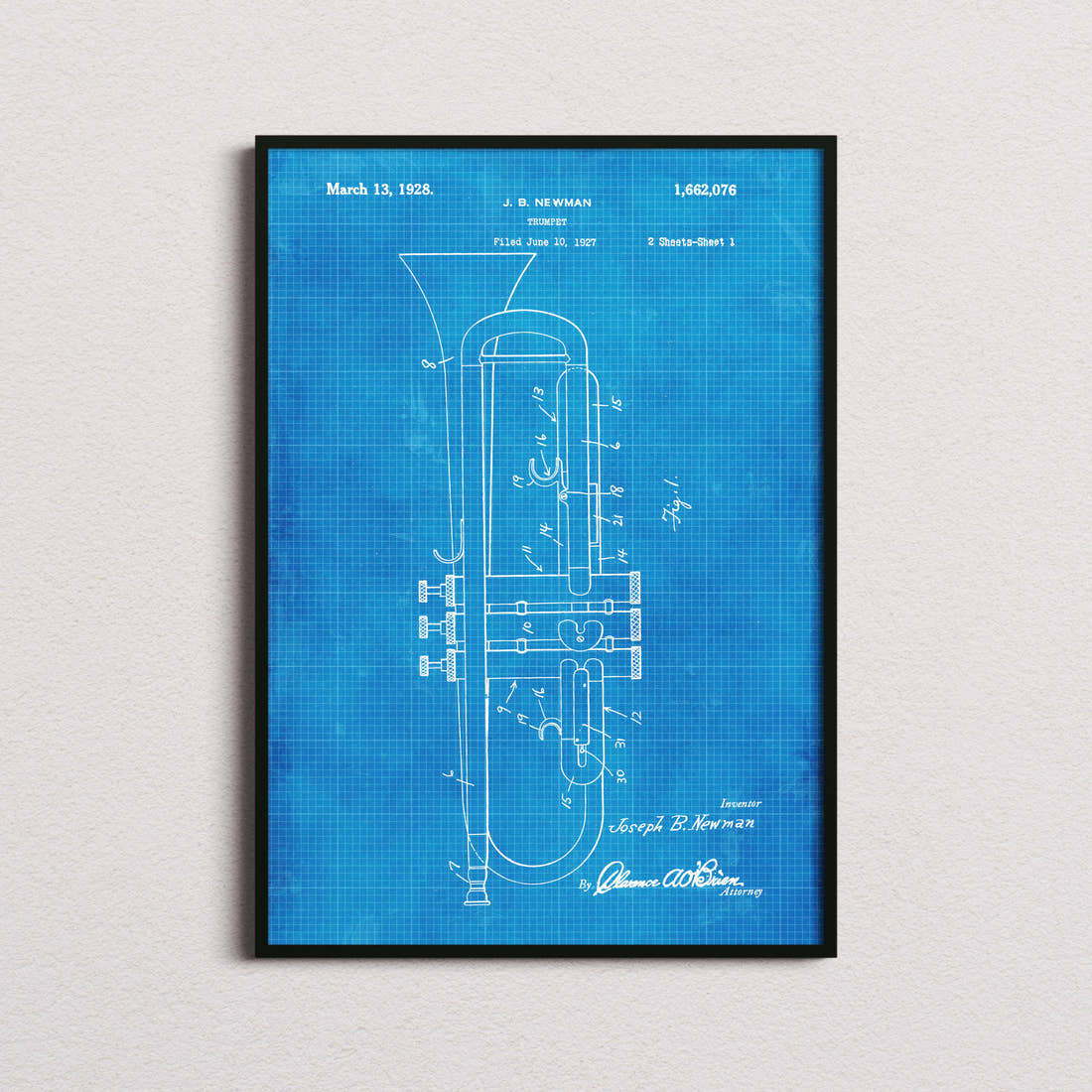 Trumpet Patent Print in the blueprint colourway, framed