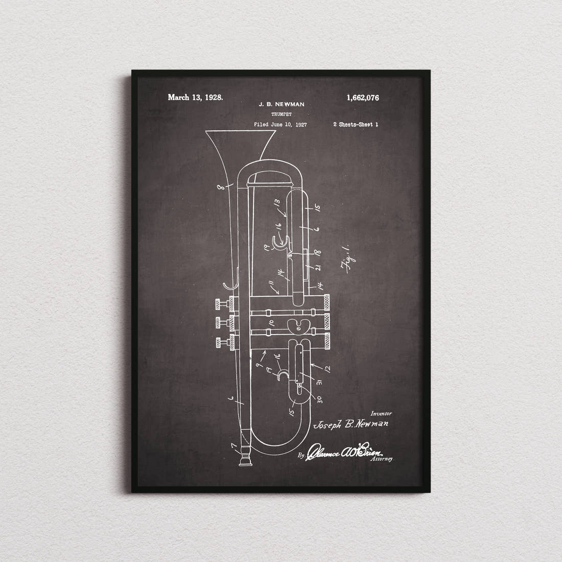 Trumpet Patent Print in the blackboard colourway, framed