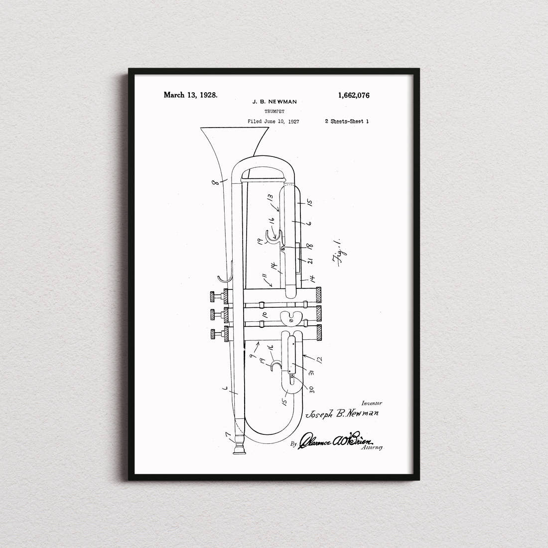 Trumpet Patent Print in the white colourway, framed