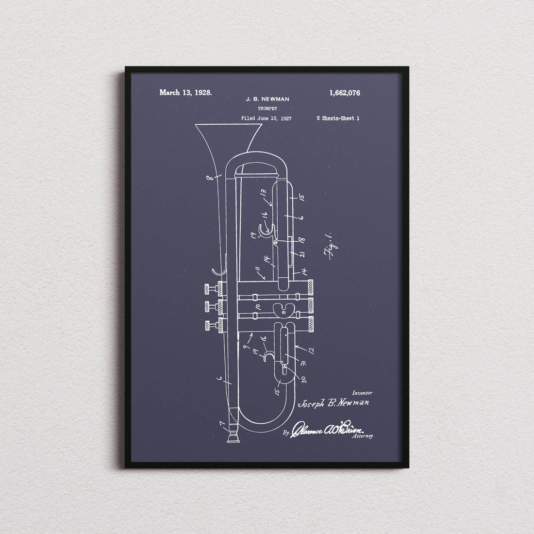 Trumpet Patent Print in the navy colourway, framed