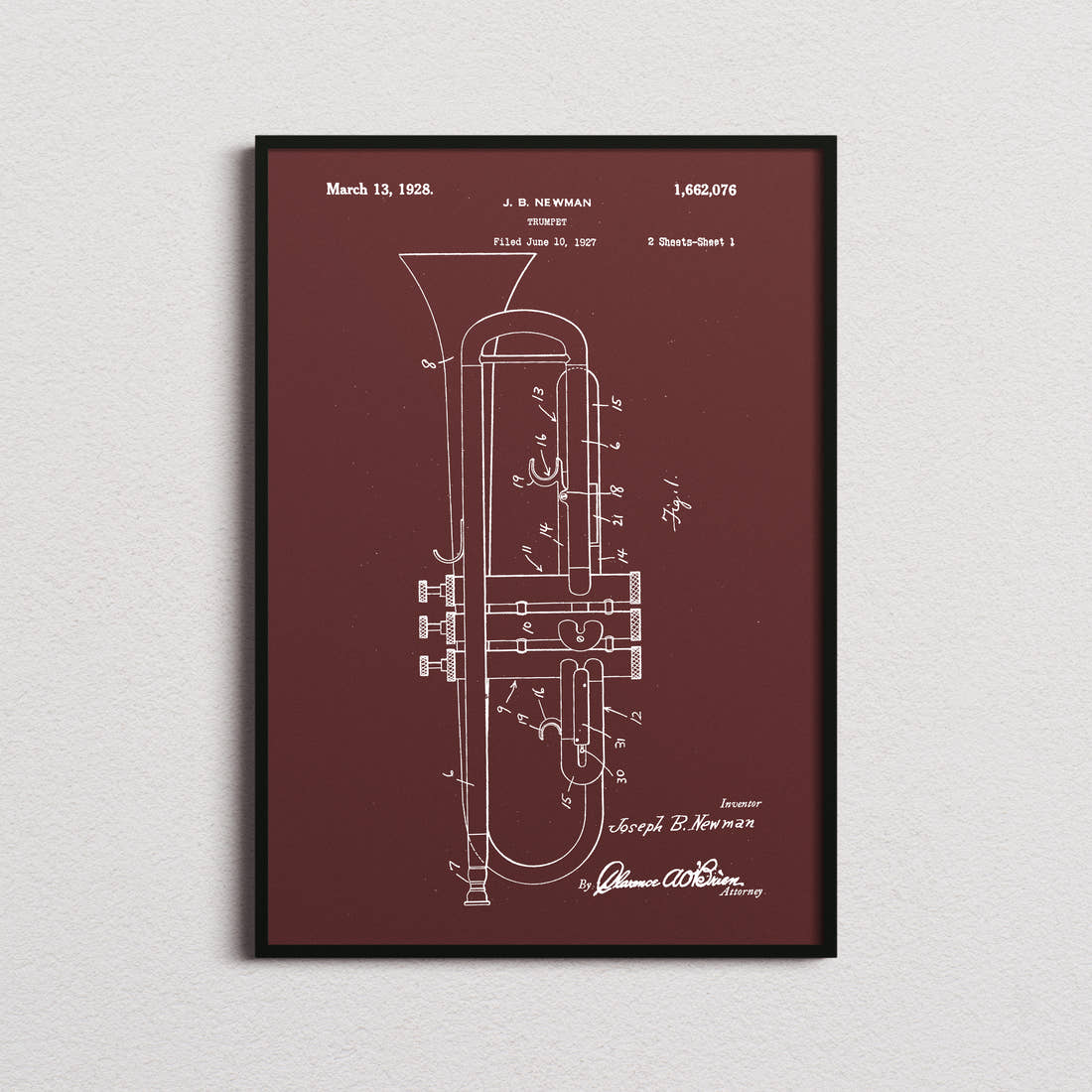Trumpet Patent Print in the burgundy colourway, framed