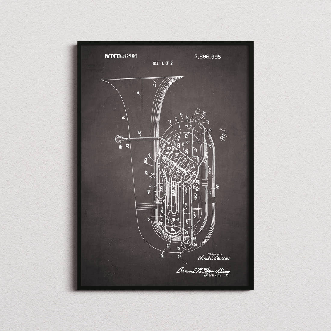 Tuba Patent Print in the blackboard colourway, framed