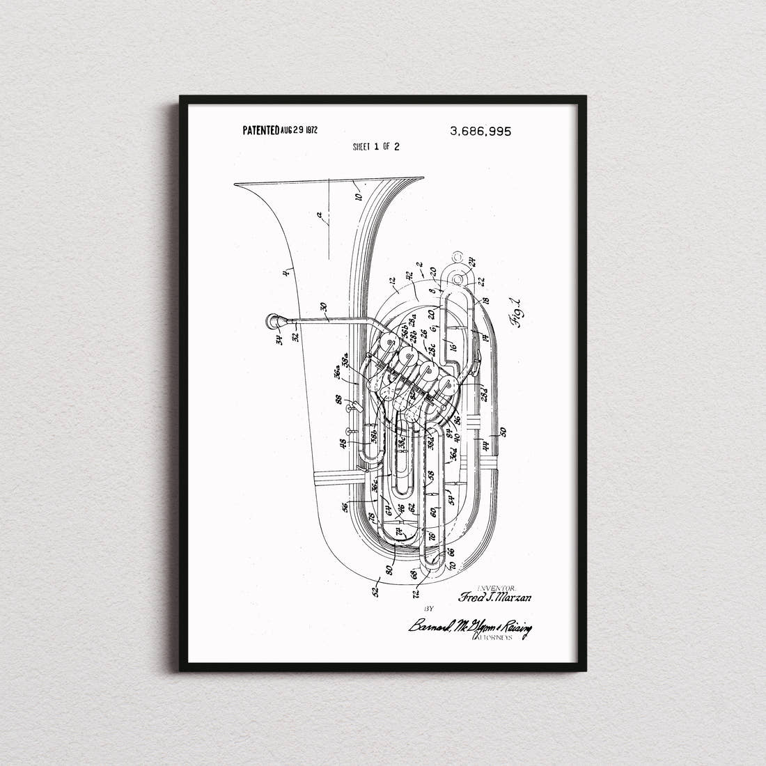 Tuba Patent Print in the white colourway, framed