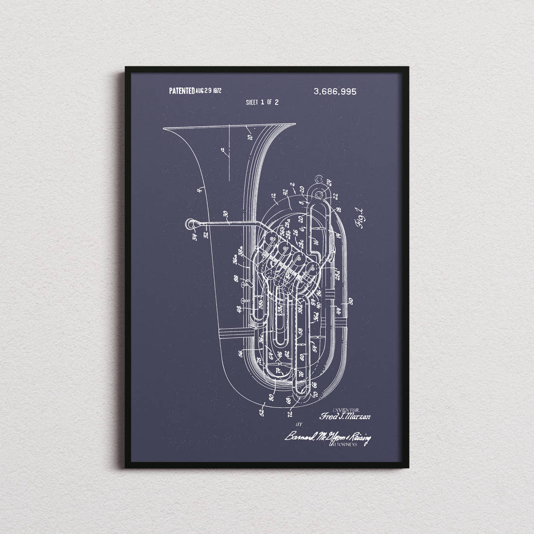 Tuba Patent Print in the navy colourway, framed