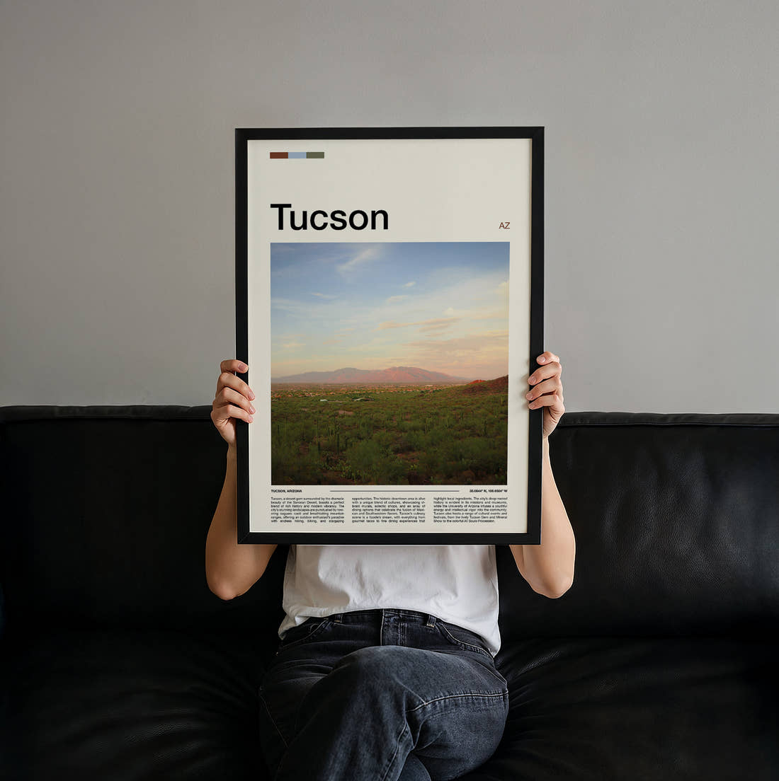 Tucson Desert Peak Travel Print held up by hand to show the size of the print