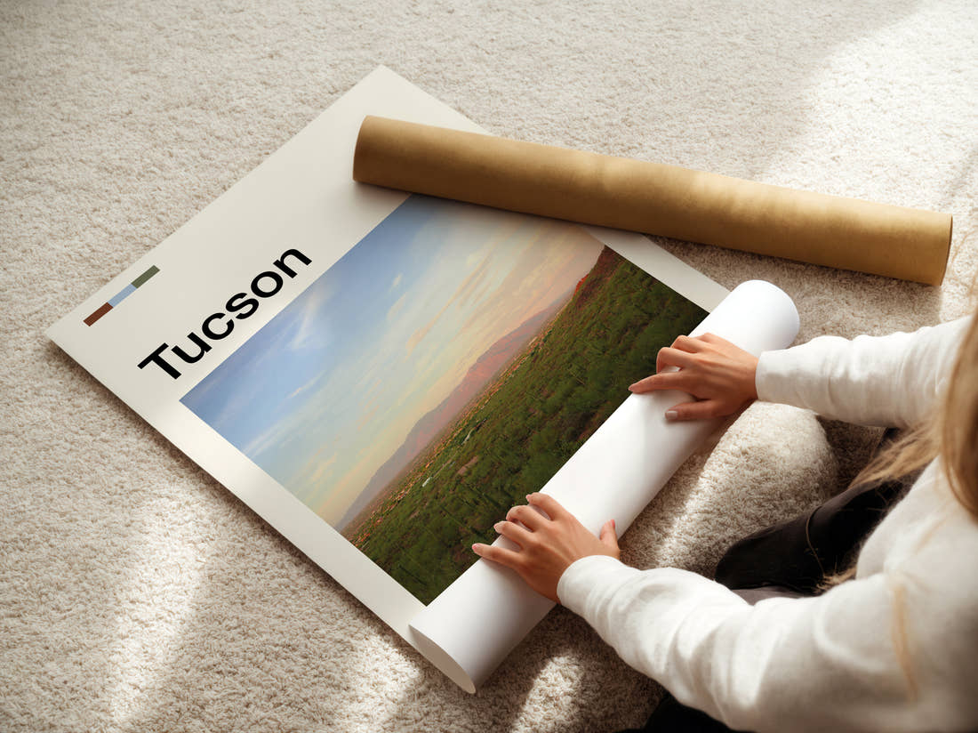 Tucson Desert Peak Travel Print being unrolled from its postal tube