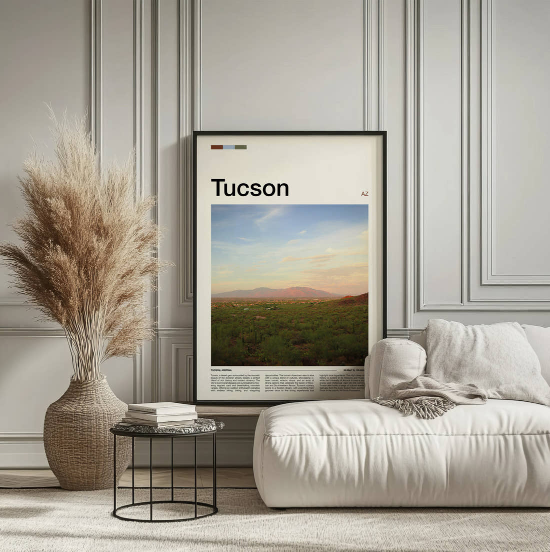 Tucson Desert Peak Travel Print framed on the wall of a calm, neutral bedroom